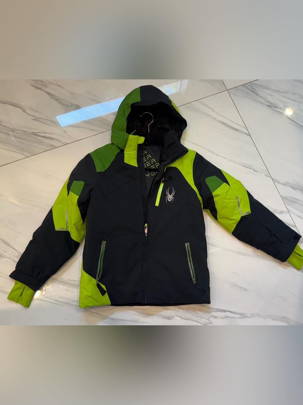 Spyder Kids Black and Lime Green Hooded Puffer Jacket
